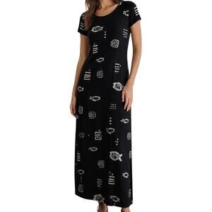 Vintage Black Maxi Dress Abstract Print Short Sleeve Minimalist 90s Grunge